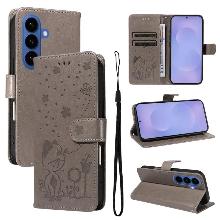 Cat and Bee Embossed Flip Leather Phone Case, For Galaxy S26 FE 5G, For Galaxy S26+ 5G, For Galaxy S26 Edge 5G, For Galaxy S26 Ultra 5G, For Galaxy S26 5G, For Galaxy S25 FE 5G, For Galaxy S25 / S24 5G, For Galaxy S25+ / S24+ 5G