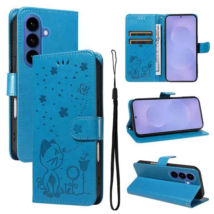 Cat and Bee Embossed Flip Leather Phone Case, For Samsung Galaxy S26+ 5G, For Samsung Galaxy S26 Edge 5G, For Samsung Galaxy S26 Ultra 5G, For Samsung Galaxy S26 5G, For Samsung Galaxy S25 FE 5G, For Samsung Galaxy S25 / S24 5G                         ...
