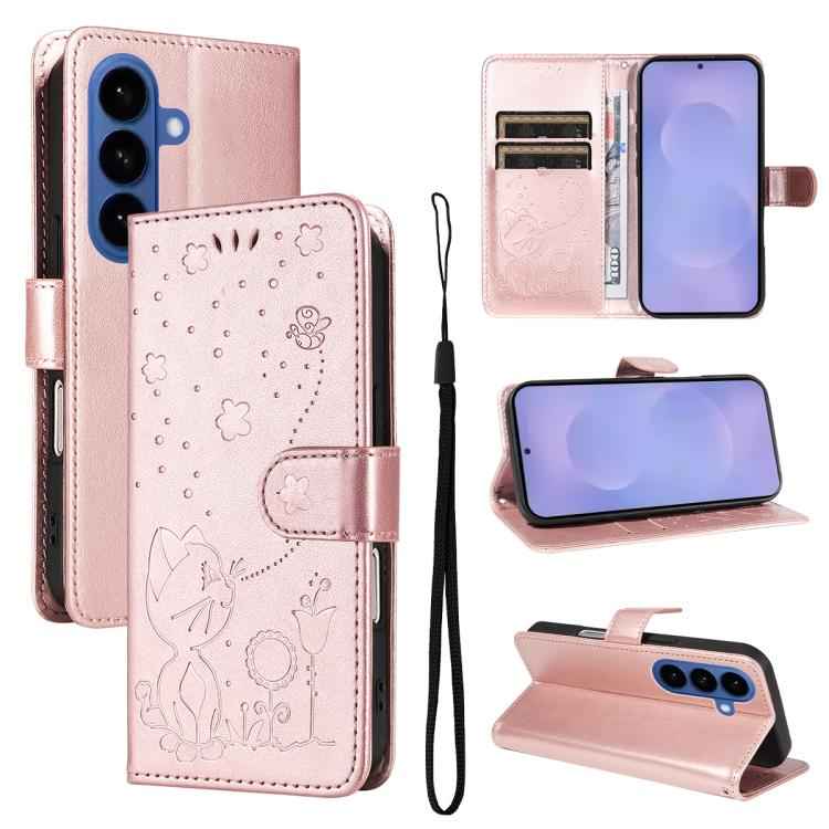 Cat and Bee Embossed Flip Leather Phone Case, For Samsung Galaxy S26+ 5G, For Samsung Galaxy S26 Edge 5G, For Samsung Galaxy S26 Ultra 5G, For Samsung Galaxy S26 5G, For Samsung Galaxy S25 FE 5G, For Samsung Galaxy S25 / S24 5G                         ...