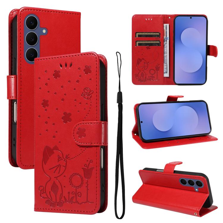 Cat and Bee Embossed Flip Leather Phone Case, For Galaxy S26 FE 5G, For Galaxy S26+ 5G, For Galaxy S26 Edge 5G, For Galaxy S26 Ultra 5G, For Galaxy S26 5G, For Galaxy S25 FE 5G, For Galaxy S25 / S24 5G, For Galaxy S25+ / S24+ 5G