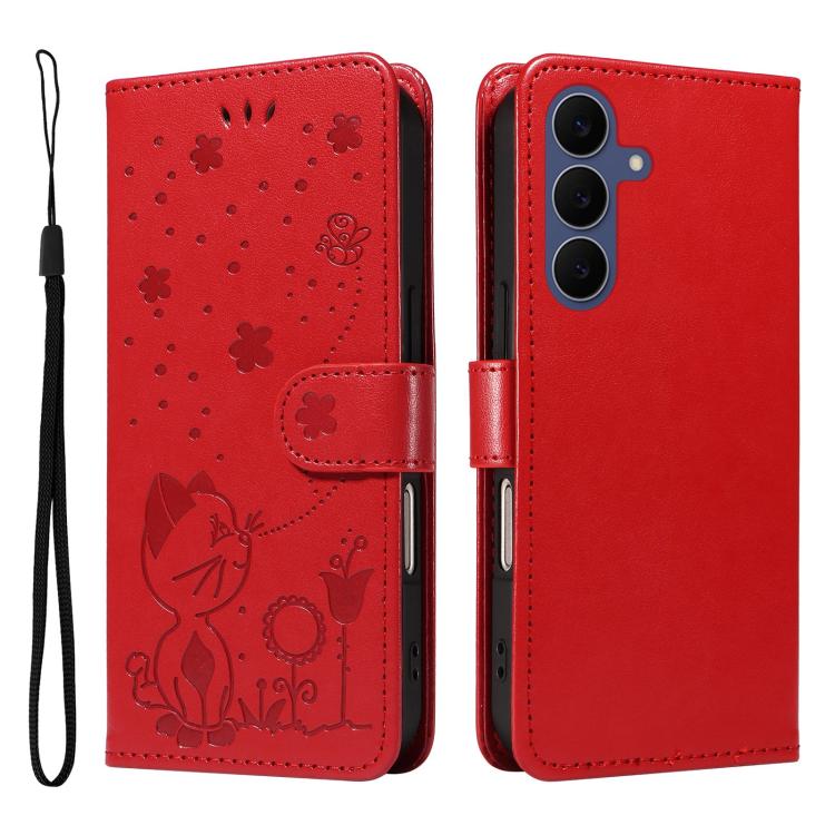 Cat and Bee Embossed Flip Leather Phone Case, For Galaxy S26 FE 5G, For Galaxy S26+ 5G, For Galaxy S26 Edge 5G, For Galaxy S26 Ultra 5G, For Galaxy S26 5G, For Galaxy S25 FE 5G, For Galaxy S25 / S24 5G, For Galaxy S25+ / S24+ 5G