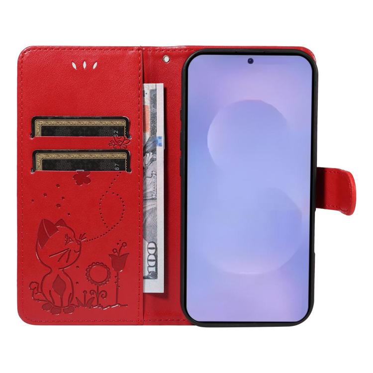 Cat and Bee Embossed Flip Leather Phone Case, For Galaxy S26 FE 5G, For Galaxy S26+ 5G, For Galaxy S26 Edge 5G, For Galaxy S26 Ultra 5G, For Galaxy S26 5G, For Galaxy S25 FE 5G, For Galaxy S25 / S24 5G, For Galaxy S25+ / S24+ 5G