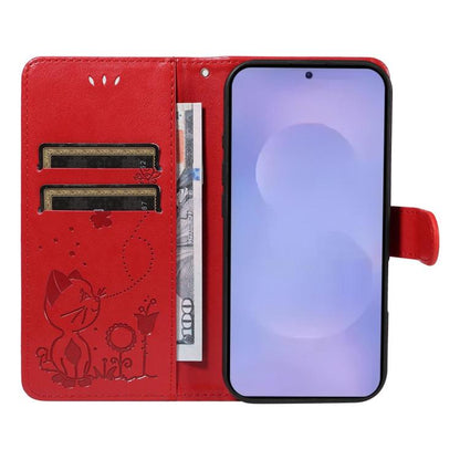 Cat and Bee Embossed Flip Leather Phone Case, For Galaxy S26 FE 5G, For Galaxy S26+ 5G, For Galaxy S26 Edge 5G, For Galaxy S26 Ultra 5G, For Galaxy S26 5G, For Galaxy S25 FE 5G, For Galaxy S25 / S24 5G, For Galaxy S25+ / S24+ 5G