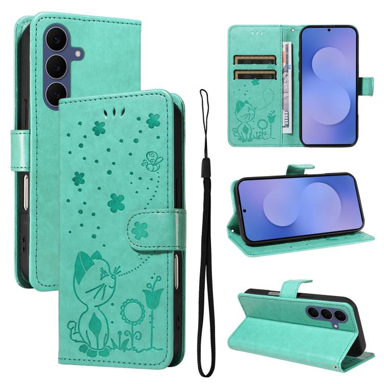 Cat and Bee Embossed Flip Leather Phone Case, For Galaxy S26 FE 5G, For Galaxy S26+ 5G, For Galaxy S26 Edge 5G, For Galaxy S26 Ultra 5G, For Galaxy S26 5G, For Galaxy S25 FE 5G, For Galaxy S25 / S24 5G, For Galaxy S25+ / S24+ 5G