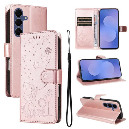 Cat and Bee Embossed Flip Leather Phone Case, For Galaxy S26 FE 5G, For Galaxy S26+ 5G, For Galaxy S26 Edge 5G, For Galaxy S26 Ultra 5G, For Galaxy S26 5G, For Galaxy S25 FE 5G, For Galaxy S25 / S24 5G, For Galaxy S25+ / S24+ 5G