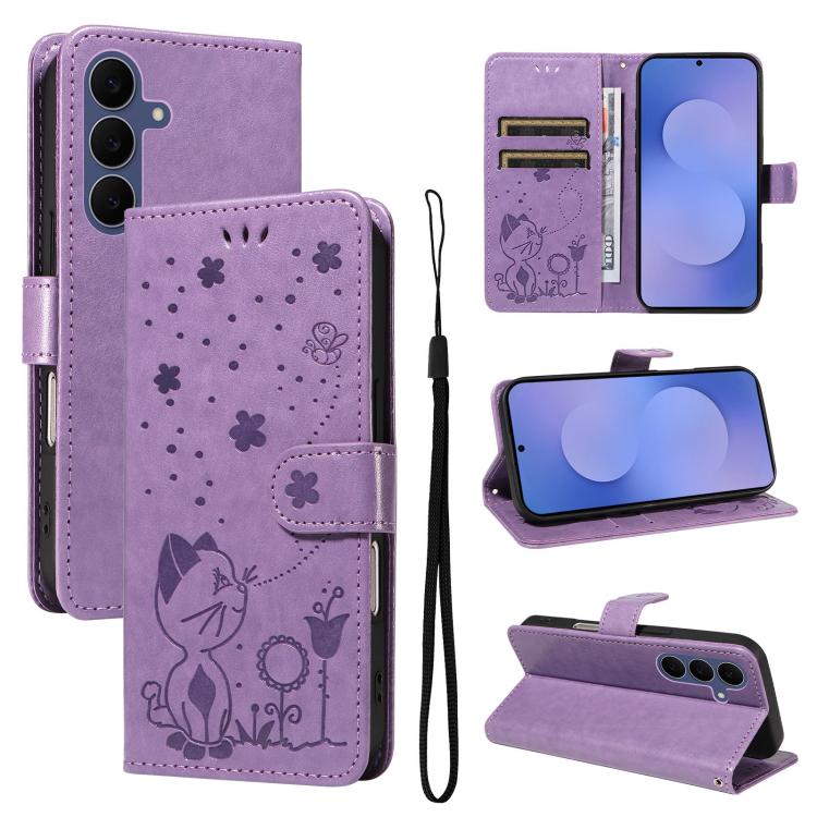 Cat and Bee Embossed Flip Leather Phone Case, For Galaxy S26 FE 5G, For Galaxy S26+ 5G, For Galaxy S26 Edge 5G, For Galaxy S26 Ultra 5G, For Galaxy S26 5G, For Galaxy S25 FE 5G, For Galaxy S25 / S24 5G, For Galaxy S25+ / S24+ 5G