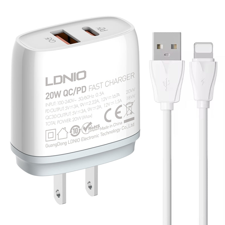 LDNIO Q229 QC3.0 / PD20W USB + Type-C Fast Charger with 1m USB to 8 Pin Cable