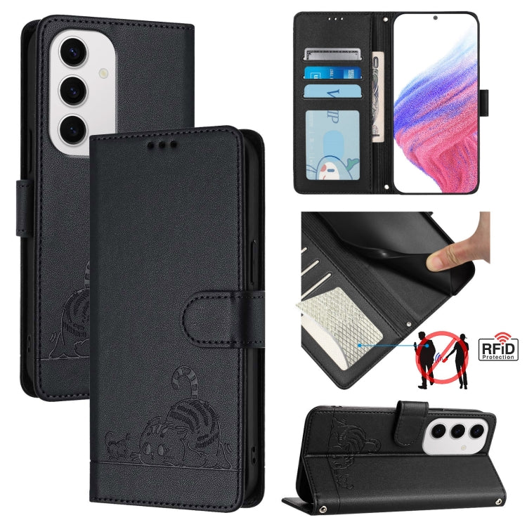 Cat Rat Embossed Pattern RFID Leather Phone Case with Lanyard, For Samsung Galaxy S25 Ultra 5G, For Samsung Galaxy S24 FE 5G
