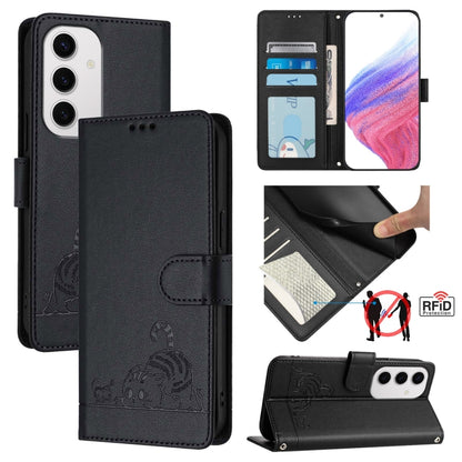 Cat Rat Embossed Pattern RFID Leather Phone Case with Lanyard, For Samsung Galaxy S25 Ultra 5G, For Samsung Galaxy S24 FE 5G