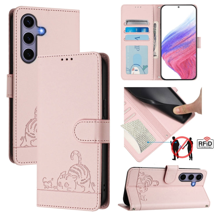 Cat Rat Embossed Pattern RFID Leather Phone Case with Lanyard, For Galaxy S26 FE 5G, For Samsung Galaxy S26+ 5G, For Samsung Galaxy S26 Edge 5G, For Samsung Galaxy S26 Ultra 5G, For Samsung Galaxy S26 5G, For Samsung Galaxy S25 Edge 5G                 ...