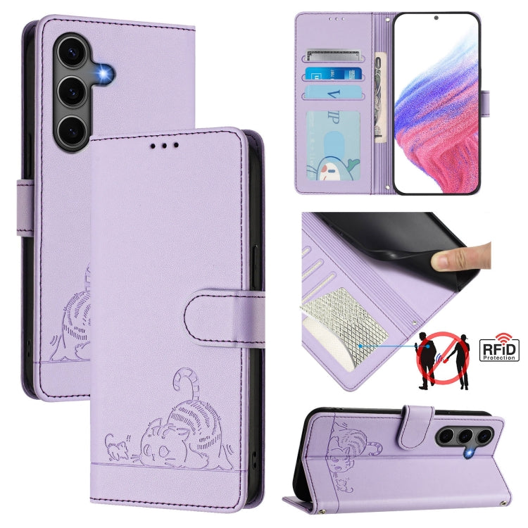 Cat Rat Embossed Pattern RFID Leather Phone Case with Lanyard, For Galaxy S26 FE 5G, For Samsung Galaxy S26+ 5G, For Samsung Galaxy S26 Edge 5G, For Samsung Galaxy S26 Ultra 5G, For Samsung Galaxy S26 5G, For Samsung Galaxy S25 Edge 5G                 ...