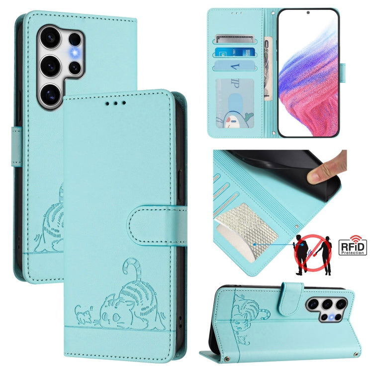 Cat Rat Embossed Pattern RFID Leather Phone Case with Lanyard, For Samsung Galaxy S25 Ultra 5G, For Samsung Galaxy S24 FE 5G