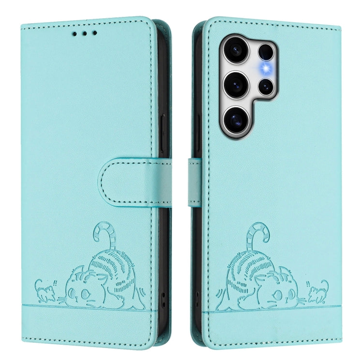 Cat Rat Embossed Pattern RFID Leather Phone Case with Lanyard, For Samsung Galaxy S25 Ultra 5G, For Samsung Galaxy S24 FE 5G
