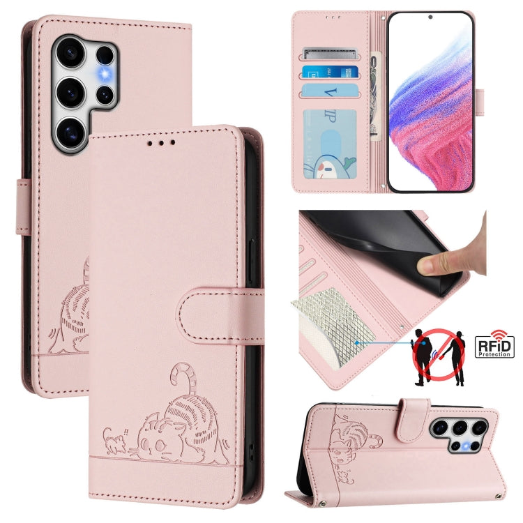 Cat Rat Embossed Pattern RFID Leather Phone Case with Lanyard, For Samsung Galaxy S25 Ultra 5G, For Samsung Galaxy S24 FE 5G