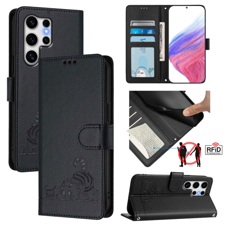 Cat Rat Embossed Pattern RFID Leather Phone Case with Lanyard, For Samsung Galaxy S25 Ultra 5G, For Samsung Galaxy S24 FE 5G