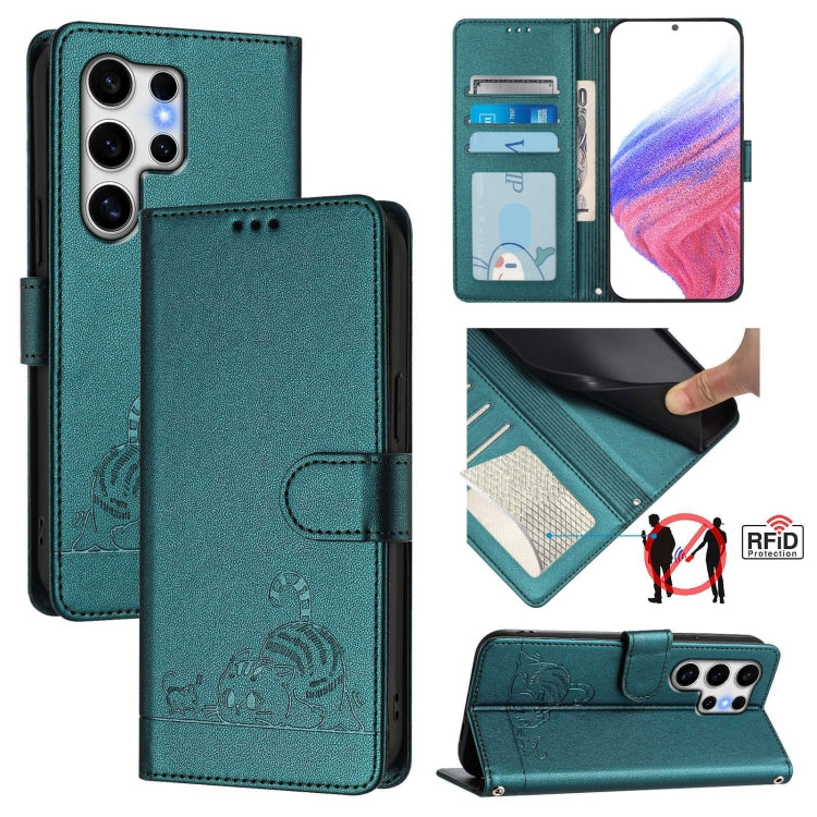 Cat Rat Embossed Pattern RFID Leather Phone Case with Lanyard, For Samsung Galaxy S25 Ultra 5G, For Samsung Galaxy S24 FE 5G
