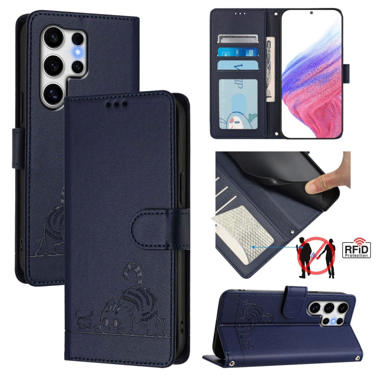 Cat Rat Embossed Pattern RFID Leather Phone Case with Lanyard, For Samsung Galaxy S25 Ultra 5G, For Samsung Galaxy S24 FE 5G