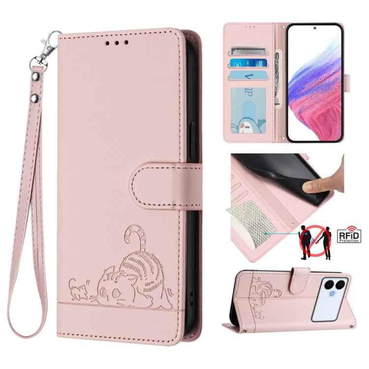 Cat Rat Embossed Pattern RFID Leather Phone Case with Lanyard, For Samsung Galaxy S26+ 5G, For Samsung Galaxy S26 Edge 5G, For Samsung Galaxy S26 Ultra 5G, For Samsung Galaxy S26 5G, For Samsung Galaxy S25 Edge 5G, For Samsung Galaxy S25 5G            ...