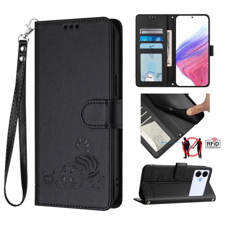 Cat Rat Embossed Pattern RFID Leather Phone Case with Lanyard, For Galaxy S26 FE 5G, For Samsung Galaxy S26+ 5G, For Samsung Galaxy S26 Edge 5G, For Samsung Galaxy S26 Ultra 5G, For Samsung Galaxy S26 5G, For Samsung Galaxy S25 Edge 5G                 ...
