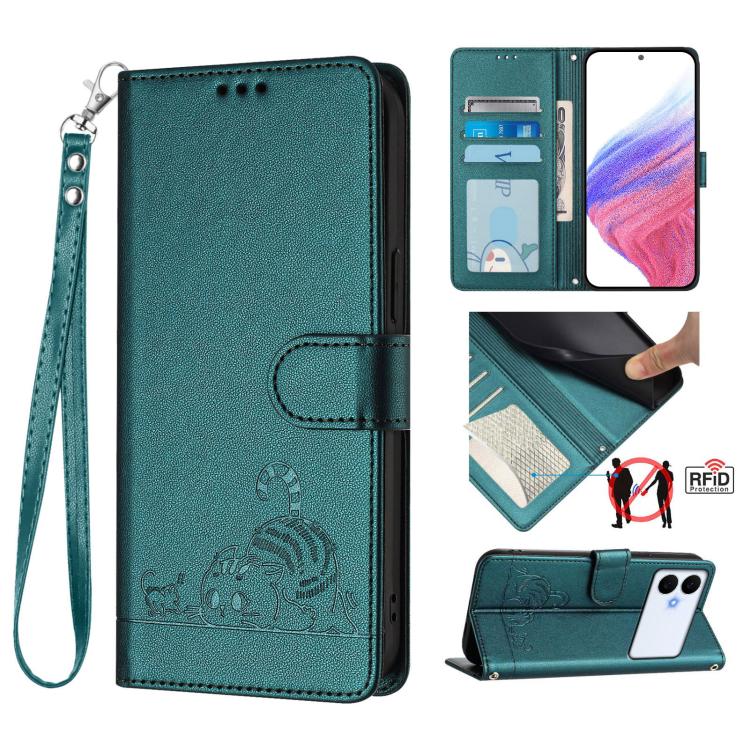 Cat Rat Embossed Pattern RFID Leather Phone Case with Lanyard, For Galaxy S26 FE 5G, For Samsung Galaxy S26+ 5G, For Samsung Galaxy S26 Edge 5G, For Samsung Galaxy S26 Ultra 5G, For Samsung Galaxy S26 5G, For Samsung Galaxy S25 Edge 5G                 ...