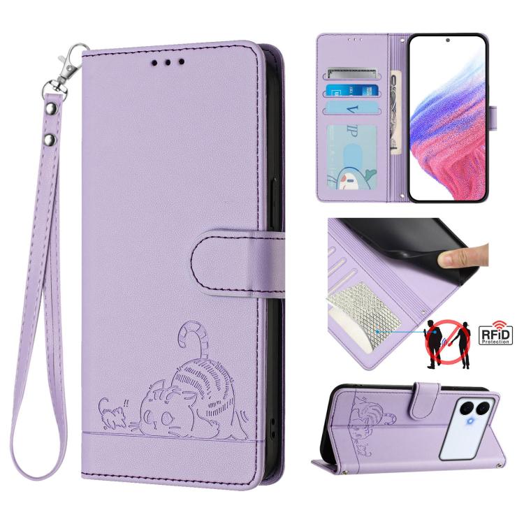 Cat Rat Embossed Pattern RFID Leather Phone Case with Lanyard, For Galaxy S26 FE 5G, For Samsung Galaxy S26+ 5G, For Samsung Galaxy S26 Edge 5G, For Samsung Galaxy S26 Ultra 5G, For Samsung Galaxy S26 5G, For Samsung Galaxy S25 Edge 5G                 ...