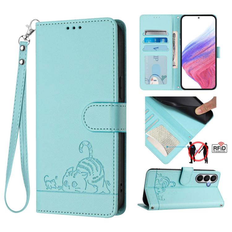 Cat Rat Embossed Pattern RFID Leather Phone Case with Lanyard, For Galaxy S26 FE 5G, For Samsung Galaxy S26+ 5G, For Samsung Galaxy S26 Edge 5G, For Samsung Galaxy S26 Ultra 5G, For Samsung Galaxy S26 5G, For Samsung Galaxy S25 Edge 5G                 ...