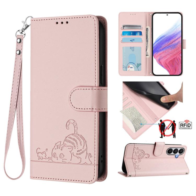 Cat Rat Embossed Pattern RFID Leather Phone Case with Lanyard, For Galaxy S26 FE 5G, For Samsung Galaxy S26+ 5G, For Samsung Galaxy S26 Edge 5G, For Samsung Galaxy S26 Ultra 5G, For Samsung Galaxy S26 5G, For Samsung Galaxy S25 Edge 5G                 ...