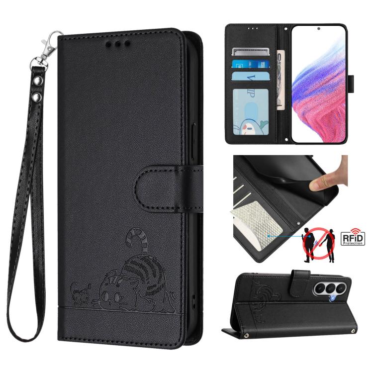 Cat Rat Embossed Pattern RFID Leather Phone Case with Lanyard, For Samsung Galaxy S26+ 5G, For Samsung Galaxy S26 Edge 5G, For Samsung Galaxy S26 Ultra 5G, For Samsung Galaxy S26 5G, For Samsung Galaxy S25 Edge 5G, For Samsung Galaxy S25 5G            ...