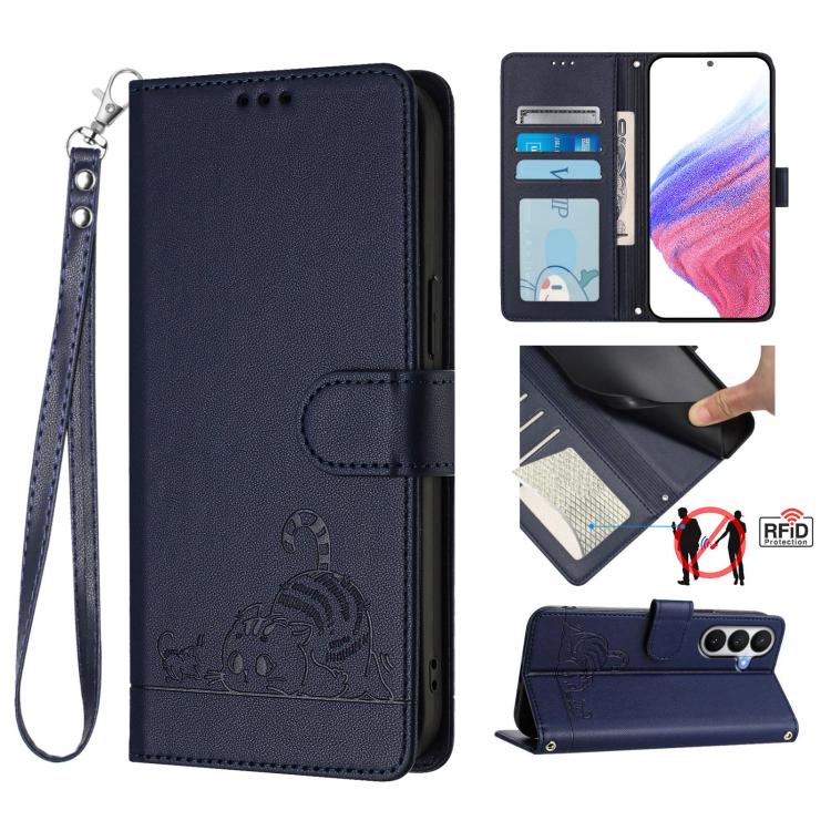 Cat Rat Embossed Pattern RFID Leather Phone Case with Lanyard, For Galaxy S26 FE 5G, For Samsung Galaxy S26+ 5G, For Samsung Galaxy S26 Edge 5G, For Samsung Galaxy S26 Ultra 5G, For Samsung Galaxy S26 5G, For Samsung Galaxy S25 Edge 5G                 ...