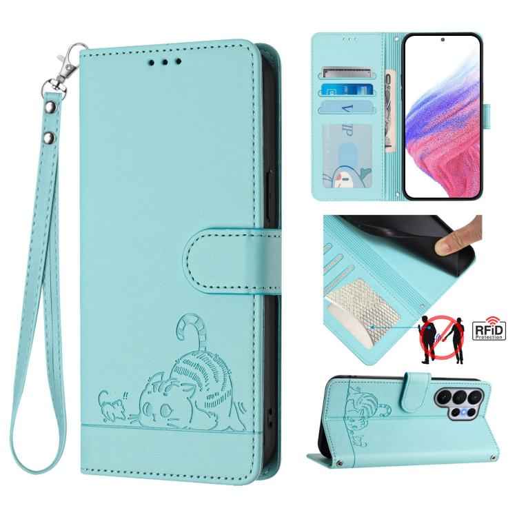 Cat Rat Embossed Pattern RFID Leather Phone Case with Lanyard, For Samsung Galaxy S26+ 5G, For Samsung Galaxy S26 Edge 5G, For Samsung Galaxy S26 Ultra 5G, For Samsung Galaxy S26 5G, For Samsung Galaxy S25 Edge 5G, For Samsung Galaxy S25 5G            ...