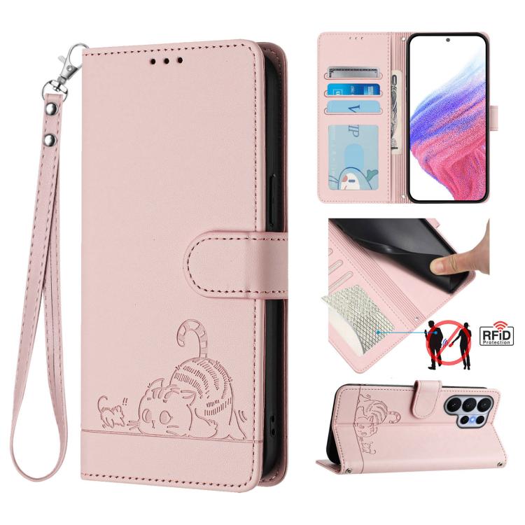 Cat Rat Embossed Pattern RFID Leather Phone Case with Lanyard, For Galaxy S26 FE 5G, For Samsung Galaxy S26+ 5G, For Samsung Galaxy S26 Edge 5G, For Samsung Galaxy S26 Ultra 5G, For Samsung Galaxy S26 5G, For Samsung Galaxy S25 Edge 5G                 ...