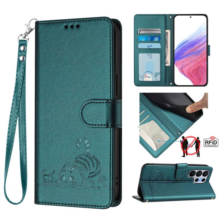 Cat Rat Embossed Pattern RFID Leather Phone Case with Lanyard, For Galaxy S26 FE 5G, For Samsung Galaxy S26+ 5G, For Samsung Galaxy S26 Edge 5G, For Samsung Galaxy S26 Ultra 5G, For Samsung Galaxy S26 5G, For Samsung Galaxy S25 Edge 5G                 ...
