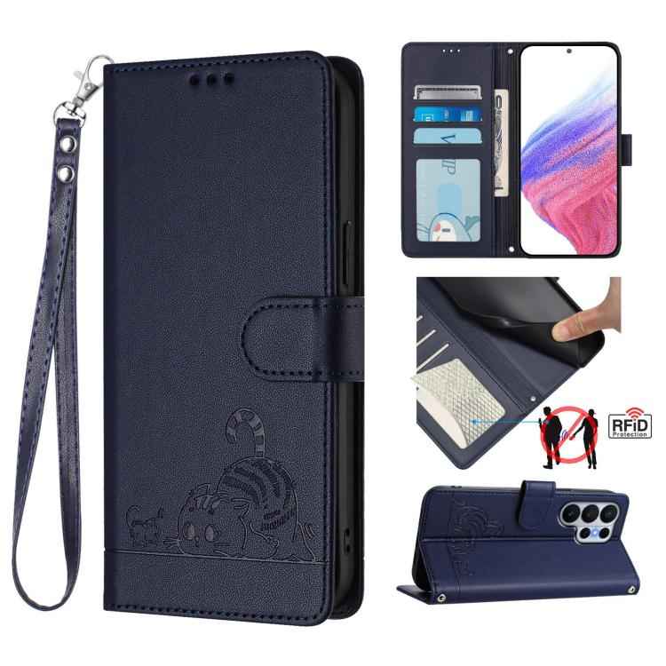 Cat Rat Embossed Pattern RFID Leather Phone Case with Lanyard, For Samsung Galaxy S26+ 5G, For Samsung Galaxy S26 Edge 5G, For Samsung Galaxy S26 Ultra 5G, For Samsung Galaxy S26 5G, For Samsung Galaxy S25 Edge 5G, For Samsung Galaxy S25 5G            ...