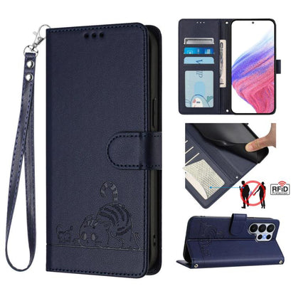 Cat Rat Embossed Pattern RFID Leather Phone Case with Lanyard, For Galaxy S26 FE 5G, For Samsung Galaxy S26+ 5G, For Samsung Galaxy S26 Edge 5G, For Samsung Galaxy S26 Ultra 5G, For Samsung Galaxy S26 5G, For Samsung Galaxy S25 Edge 5G                 ...