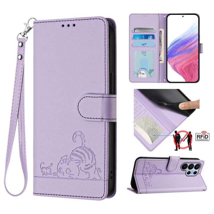 Cat Rat Embossed Pattern RFID Leather Phone Case with Lanyard, For Galaxy S26 FE 5G, For Samsung Galaxy S26+ 5G, For Samsung Galaxy S26 Edge 5G, For Samsung Galaxy S26 Ultra 5G, For Samsung Galaxy S26 5G, For Samsung Galaxy S25 Edge 5G                 ...