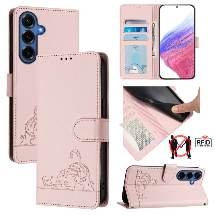 Cat Rat Embossed Pattern RFID Leather Phone Case with Lanyard, For Galaxy S26 FE 5G, For Samsung Galaxy S26+ 5G, For Samsung Galaxy S26 Edge 5G, For Samsung Galaxy S26 Ultra 5G, For Samsung Galaxy S26 5G, For Samsung Galaxy S25 Edge 5G                 ...