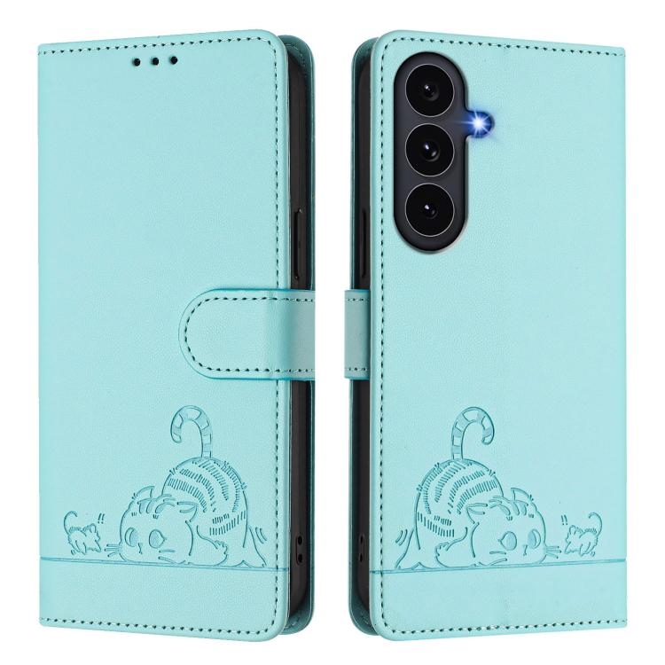 Cat Rat Embossed Pattern RFID Leather Phone Case with Lanyard, For Galaxy S26 FE 5G, For Samsung Galaxy S26+ 5G, For Samsung Galaxy S26 Edge 5G, For Samsung Galaxy S26 Ultra 5G, For Samsung Galaxy S26 5G, For Samsung Galaxy S25 Edge 5G                 ...