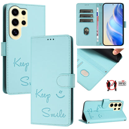Smile Embossing RFID Leather Phone Case, For Samsung Galaxy S25 Ultra 5G, For Samsung Galaxy S24 FE 5G, For Samsung Galaxy S24 Ultra 5G, For Samsung Galaxy S24+ 5G, For Samsung Galaxy S24 5G, For Samsung Galaxy S23 FE 5G, For Samsung Galaxy S23 Ultra 5...