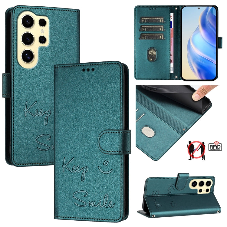Smile Embossing RFID Leather Phone Case, For Samsung Galaxy S25 Ultra 5G, For Samsung Galaxy S24 FE 5G, For Samsung Galaxy S24 Ultra 5G, For Samsung Galaxy S24+ 5G, For Samsung Galaxy S24 5G, For Samsung Galaxy S23 FE 5G, For Samsung Galaxy S23 Ultra 5...