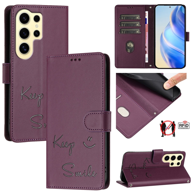 Smile Embossing RFID Leather Phone Case, For Samsung Galaxy S25 Ultra 5G, For Samsung Galaxy S24 FE 5G, For Samsung Galaxy S24 Ultra 5G, For Samsung Galaxy S24+ 5G, For Samsung Galaxy S24 5G, For Samsung Galaxy S23 FE 5G, For Samsung Galaxy S23 Ultra 5...