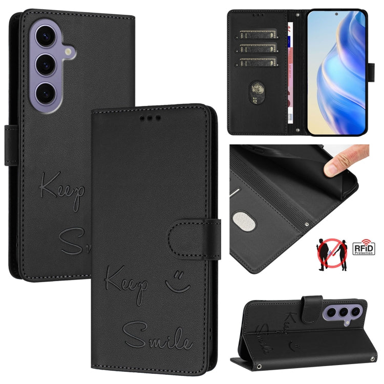 Smile Embossing RFID Leather Phone Case, For Samsung Galaxy S25 Ultra 5G, For Samsung Galaxy S24 FE 5G, For Samsung Galaxy S24 Ultra 5G, For Samsung Galaxy S24+ 5G, For Samsung Galaxy S24 5G, For Samsung Galaxy S23 FE 5G, For Samsung Galaxy S23 Ultra 5...