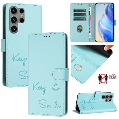 Smile Embossing RFID Leather Phone Case, For Samsung Galaxy S25 Ultra 5G, For Samsung Galaxy S24 FE 5G, For Samsung Galaxy S24 Ultra 5G, For Samsung Galaxy S24+ 5G, For Samsung Galaxy S24 5G, For Samsung Galaxy S23 FE 5G, For Samsung Galaxy S23 Ultra 5...
