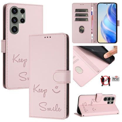 Smile Embossing RFID Leather Phone Case, For Samsung Galaxy S25 Ultra 5G, For Samsung Galaxy S24 FE 5G, For Samsung Galaxy S24 Ultra 5G, For Samsung Galaxy S24+ 5G, For Samsung Galaxy S24 5G, For Samsung Galaxy S23 FE 5G, For Samsung Galaxy S23 Ultra 5...