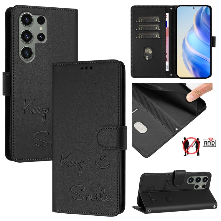 Smile Embossing RFID Leather Phone Case, For Samsung Galaxy S25 Ultra 5G, For Samsung Galaxy S24 FE 5G, For Samsung Galaxy S24 Ultra 5G, For Samsung Galaxy S24+ 5G, For Samsung Galaxy S24 5G, For Samsung Galaxy S23 FE 5G, For Samsung Galaxy S23 Ultra 5...