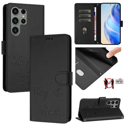 Smile Embossing RFID Leather Phone Case, For Samsung Galaxy S25 Ultra 5G, For Samsung Galaxy S24 FE 5G, For Samsung Galaxy S24 Ultra 5G, For Samsung Galaxy S24+ 5G, For Samsung Galaxy S24 5G, For Samsung Galaxy S23 FE 5G, For Samsung Galaxy S23 Ultra 5...