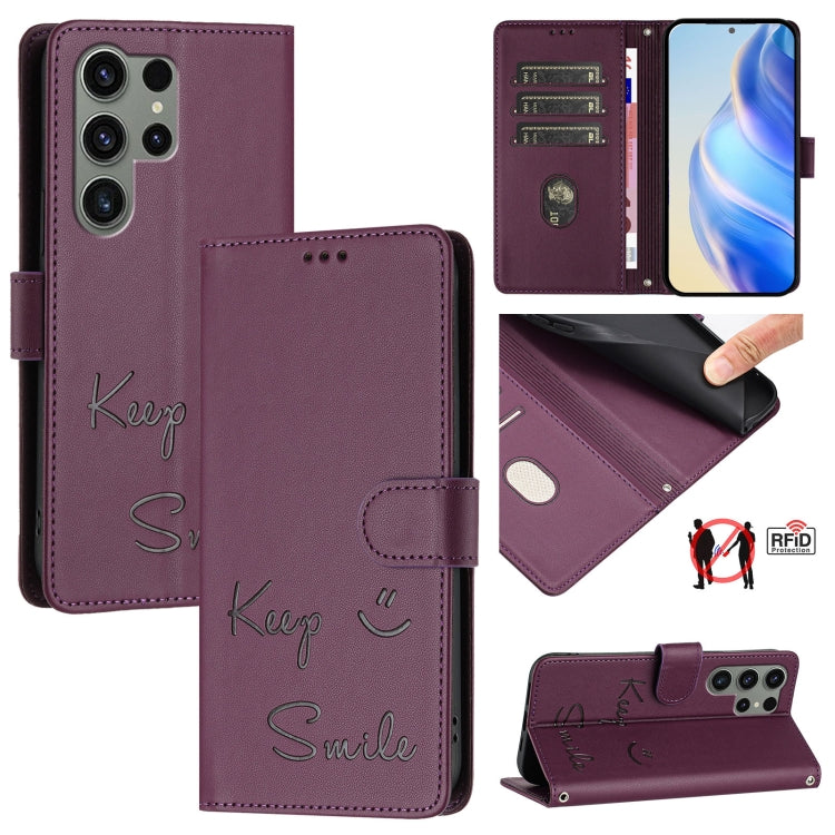 Smile Embossing RFID Leather Phone Case, For Samsung Galaxy S25 Ultra 5G, For Samsung Galaxy S24 FE 5G, For Samsung Galaxy S24 Ultra 5G, For Samsung Galaxy S24+ 5G, For Samsung Galaxy S24 5G, For Samsung Galaxy S23 FE 5G, For Samsung Galaxy S23 Ultra 5...
