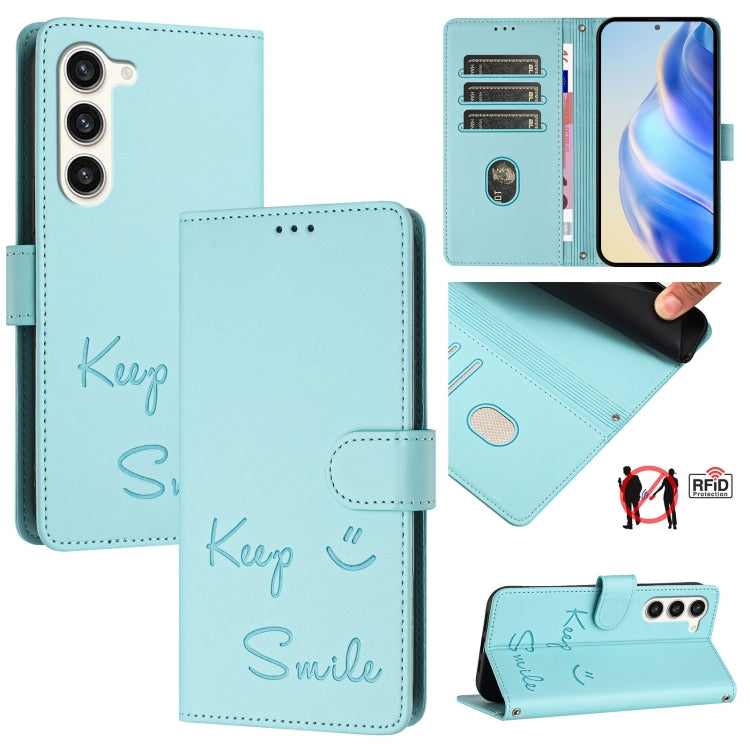 Smile Embossing RFID Leather Phone Case, For Samsung Galaxy S25 Ultra 5G, For Samsung Galaxy S24 FE 5G, For Samsung Galaxy S24 Ultra 5G, For Samsung Galaxy S24+ 5G, For Samsung Galaxy S24 5G, For Samsung Galaxy S23 FE 5G, For Samsung Galaxy S23 Ultra 5...