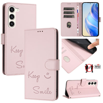 Smile Embossing RFID Leather Phone Case, For Samsung Galaxy S25 Ultra 5G, For Samsung Galaxy S24 FE 5G, For Samsung Galaxy S24 Ultra 5G, For Samsung Galaxy S24+ 5G, For Samsung Galaxy S24 5G, For Samsung Galaxy S23 FE 5G, For Samsung Galaxy S23 Ultra 5...