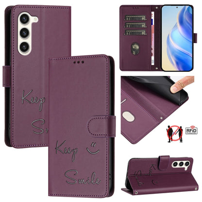 Smile Embossing RFID Leather Phone Case, For Samsung Galaxy S25 Ultra 5G, For Samsung Galaxy S24 FE 5G, For Samsung Galaxy S24 Ultra 5G, For Samsung Galaxy S24+ 5G, For Samsung Galaxy S24 5G, For Samsung Galaxy S23 FE 5G, For Samsung Galaxy S23 Ultra 5...
