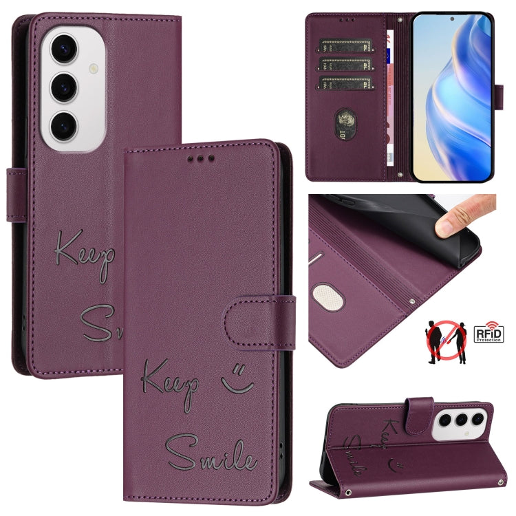 Smile Embossing RFID Leather Phone Case, For Samsung Galaxy S25 Ultra 5G, For Samsung Galaxy S24 FE 5G, For Samsung Galaxy S24 Ultra 5G, For Samsung Galaxy S24+ 5G, For Samsung Galaxy S24 5G, For Samsung Galaxy S23 FE 5G, For Samsung Galaxy S23 Ultra 5...
